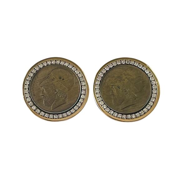 80s Les Bernard Gold Plate White Rhinestone Greek Coin Etruscan Clip-On Earrings - Picture 2 of 3